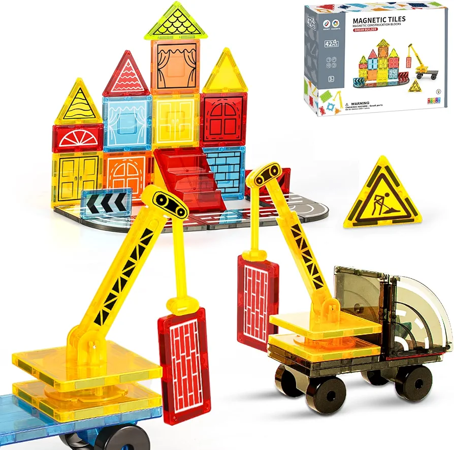 42 PCS Magnetic Tiles STEM Construction Set,Magnetic Blocks Building Expansion Pack with Crane, Road Tracks, Train Tracks, Dolls, Car Toy for Kids Boys Girls Age 3 4 5 6 7 8 ，Toy Gifts for Kids