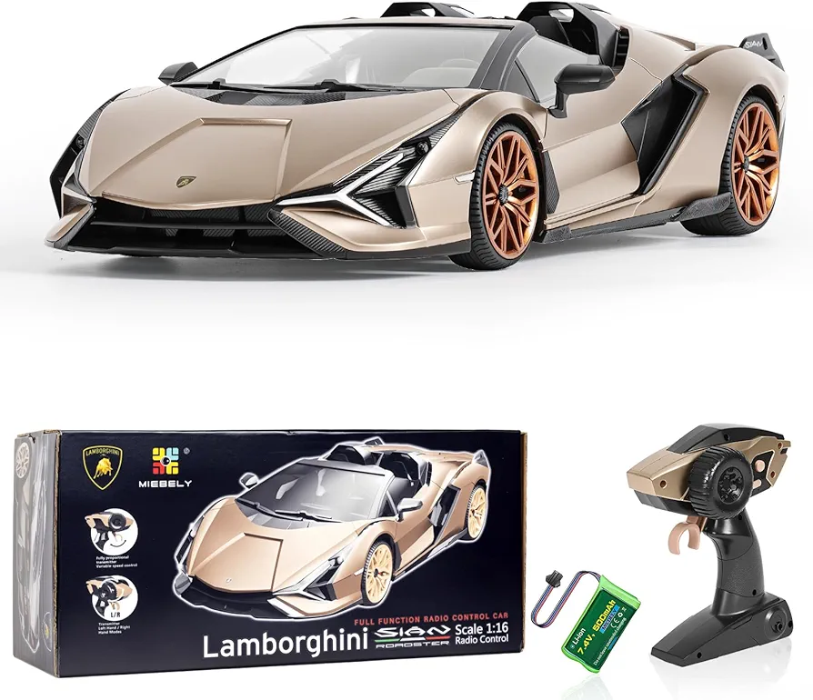 MIEBELY Lamborghini Remote Control Car, 1:16 Scale Lambo Toy Car 7.4V 500mAh Officially Licensed 12Km/h Rc Cars with Led Light 2.4Ghz Model Car for Adults Boys Girls Birthday Ideas Gift (Champagne)