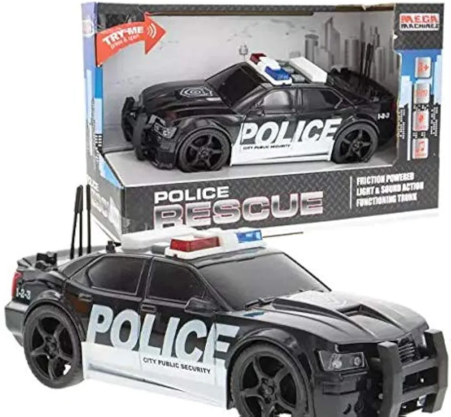 Friction Powered Police Car Toy Rescue Vehicle with Lights and Siren Sounds for Boys Toddlers and Kids, Pull Back 1:20 Diecast Emergency Transport Vehicle Car