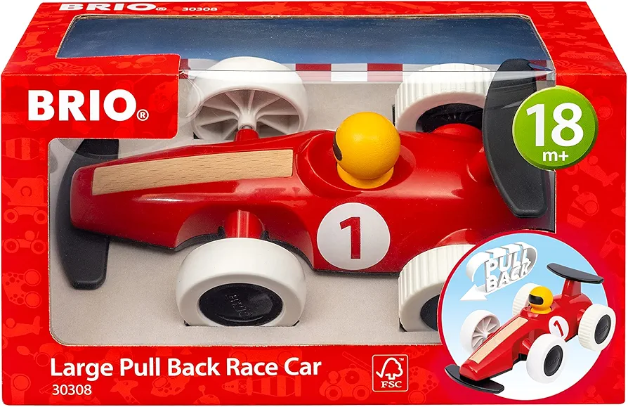 BRIO 30308 - Large Pull Back Race Car - Durable Wooden Toy Car | Enhances Motor Skills | Encourages Crawling and Walking | Eco-friendly and FSC Certified Materials | Suitable for Kids 18+ Months