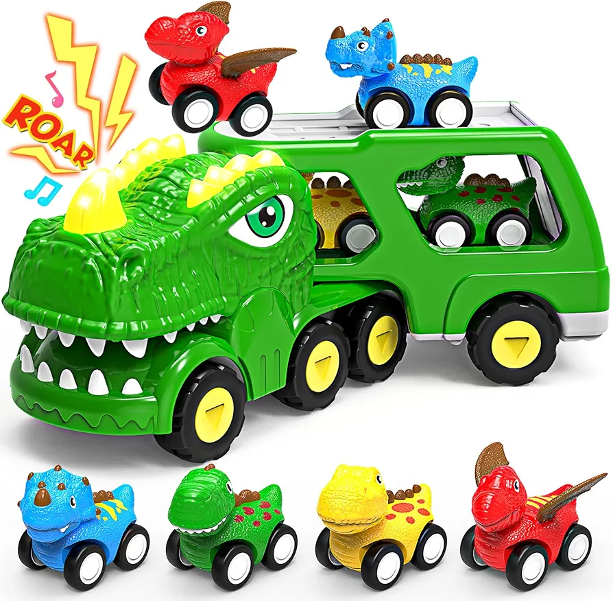 Toys for 1 2 3 4 Year Old Boy Girl, 5 in 1 Toy Trucks for Boys Age 2-3 with 4 Dinosaur Toy Cars for Toddlers 1-3, Friction Powered Toddler Boy Toys Dinosaur Truck Toys Gift with Flashing Light & Sound