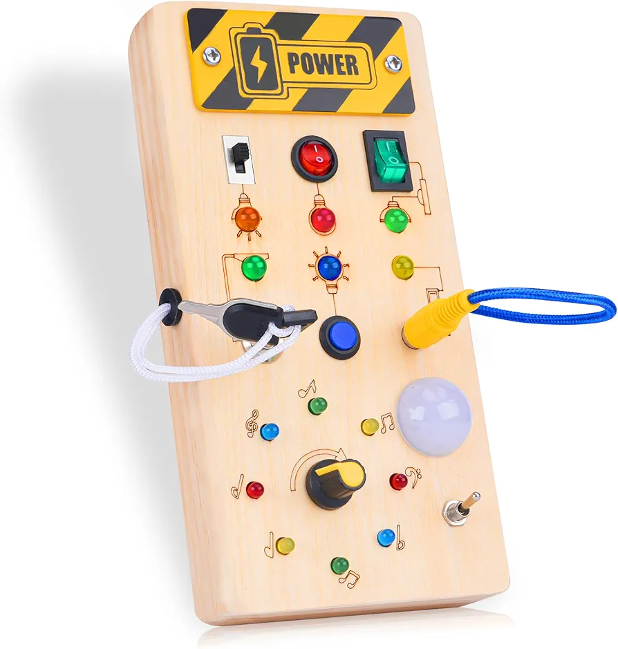 Montessori Busy Board for Toddlers - Wooden Switch Busy Board with LED Light Montessori Toys for 1 2 3 Year Old, Travel Learning Sensory Toys for Toddlers Ages 1-3 Year Old Boy & Girl