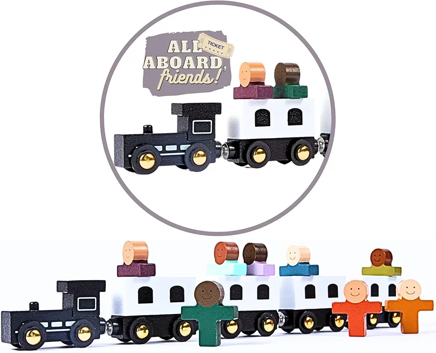 Wooden Train Set Magnetic Train Toys Compatible w/Wooden Train Tracks | Toddlers Preschool Train Set | Birthday Gifts Boys Girls | All Aboard, Friends!