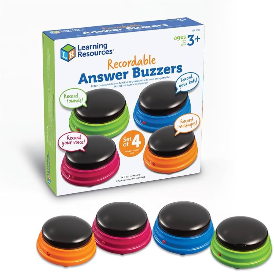 Learning Resources Recordable Answer Buzzers - Set of 4, Ages 3+ | Pre-K Personalized Sound Buzzers, Recordable Buttons, Game Show Buzzers, Perfect for Family Game and Trivia Nights