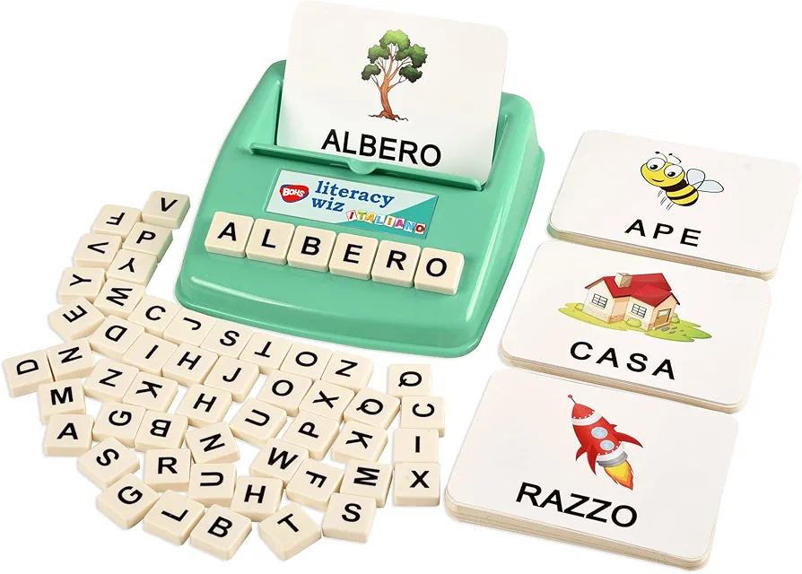 BOHS Italian Literacy Wiz Fun Game - See and Hide Spelling - 60 Flash Cards - Preschool Language Learning Educational Toys