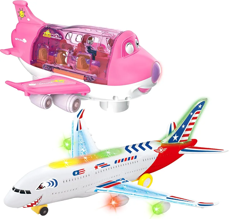 Airplane Toys for Toddlers, Plane Toys for 3 4 5 Year Old Boys Girls Birthday, Infant Toy Bump and Go Action Air Plane with LED Flashing Lights & Sounds