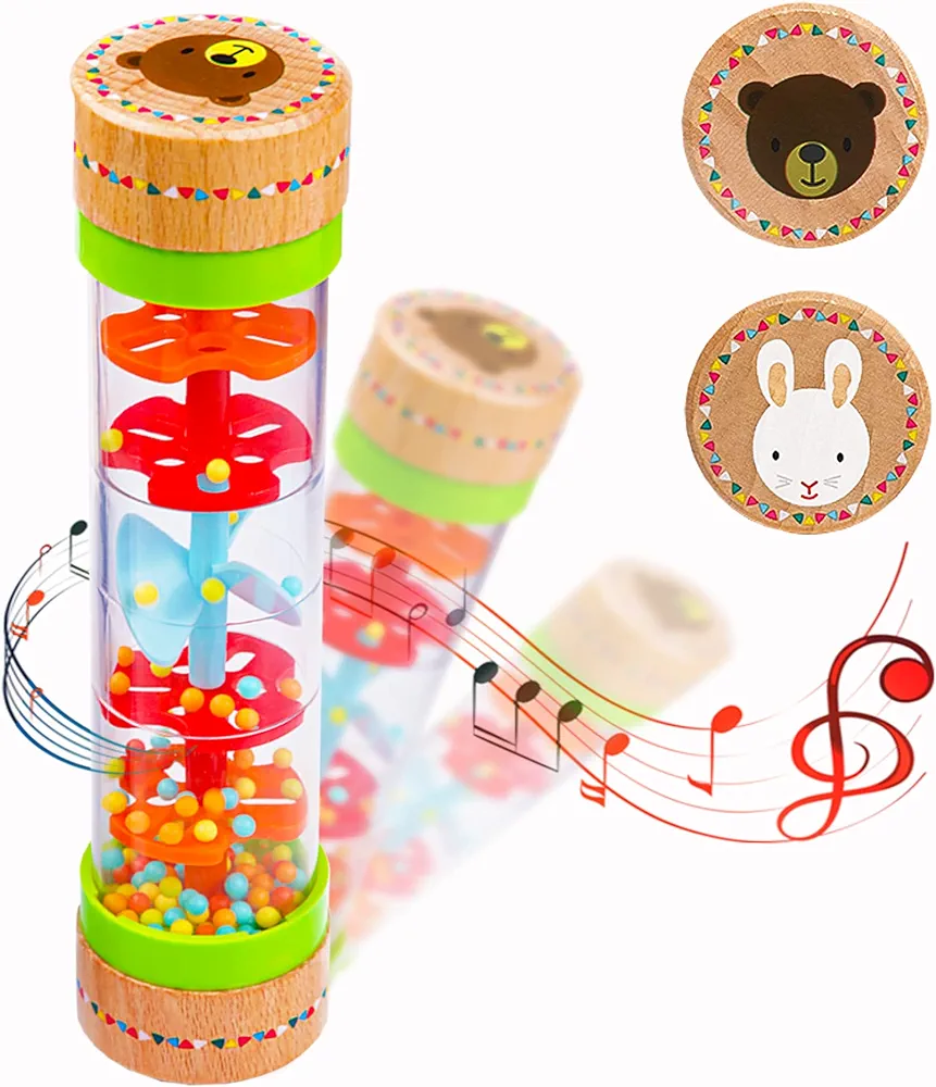 Rainmaker Rain Sticks, Mini Wooden Musical Shake, Beaded Raindrops - Turn Over and Watch The Colorful Beads Flow Down The Tube as It Creates The Soothing Sound of Rain