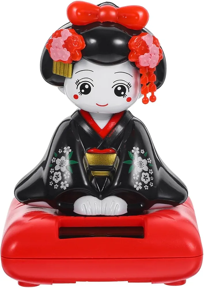 Kimono Geisha Doll Solar Bubble Head Car Dashboard Interior Decor (Black)