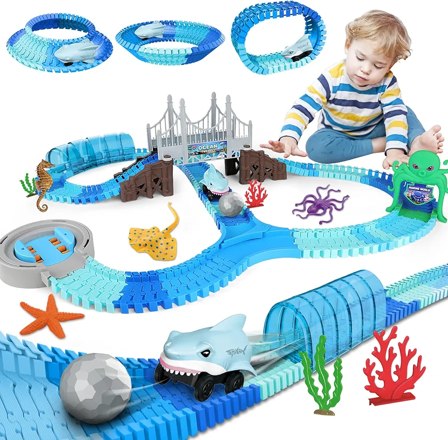 deAO Race Track Toys 183 Pcs Shark Race Car Toys for Kids,Flexible Racetrack Cars with Shark & Ball,Ocean Theme Train Set Toys,Kids STEM Educational Playset Birthdays for Boys Girls 3+ Years Old