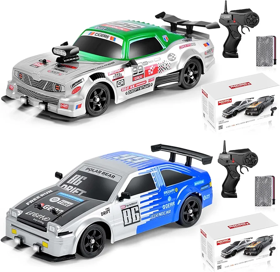 2PCS Remote Control Car RC Drift Car 1/16 Scale 4WD 18KM/H High Speed RC Car 2.4GHz with LED Lights Spray Racing Toy Car for Adults Boys Girls Kids Birthday Rechargeable Batteries