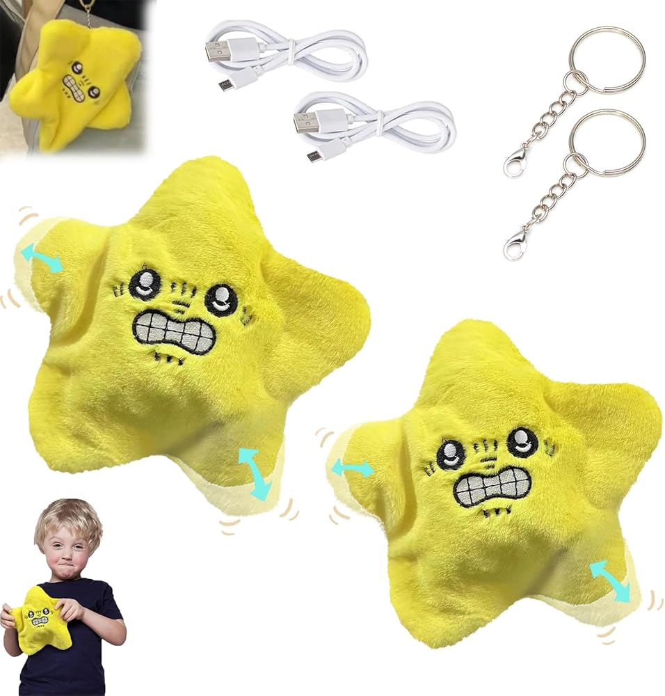 Angry Star Plush Moving, Angry Starfish Toy with Keychain Ring, 2Pcs Moving Angry Star Face Kawaii Fun Toy for Boy Girl Backpack Pendant (Yellow)