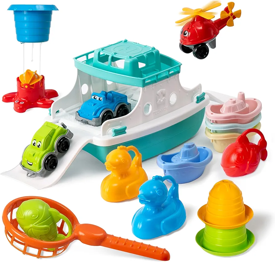 Ferry Boat Toys Set with Helicopter 2 Cars | Baby Bath Toys for Toddlers with Stacking Cups | Baby Water Toy with Bath Boats Train for Girls and Boys