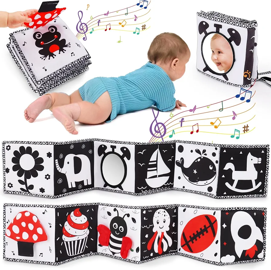 Black and White High Contrast Toys for Baby 0-3 3-6 months Infant Tummy Time Soft Book Sensory Musical Toy 0-2-4-6 month Babies Brain Development Montessori Crinkle Book Mirror Newborn Shower Gifts