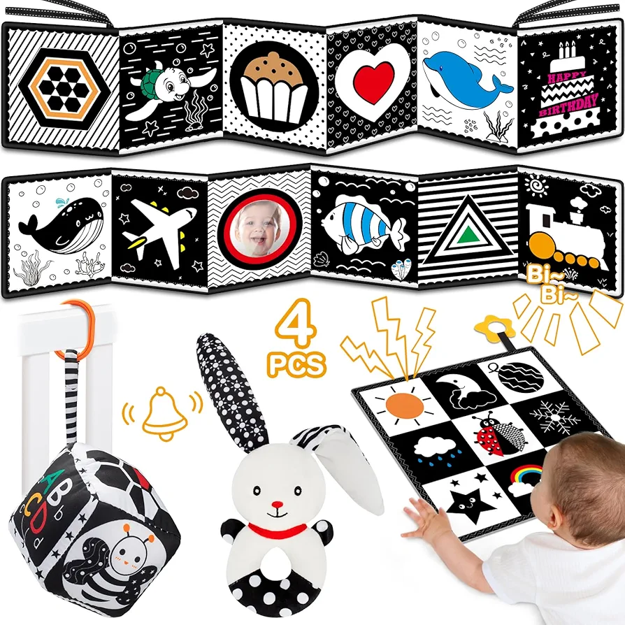 Baby Toys 0-6 Months - 4 Pcs High Contrast Black and White Baby Toy 0-3 Months for Newborn - Tummy Time Toys Infant Sensory Toys Soft Book for Babies Girls Boys Gifts 0 3 6 9 Months