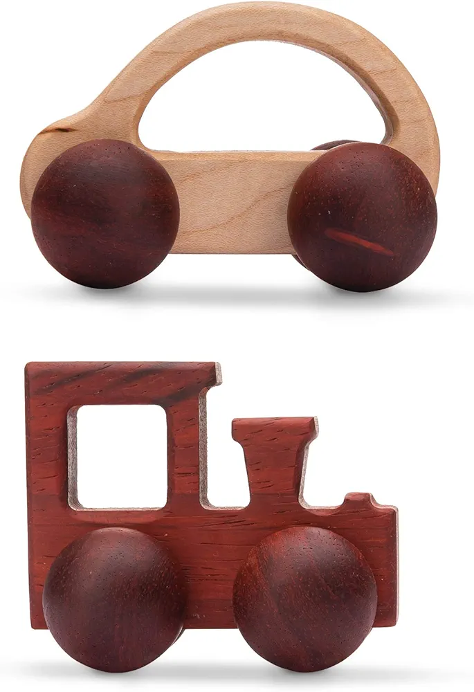 Promise Babe 2pc Wooden Rattle Organic Wooden Cars Push Car Toys Montessori Educational Natural Wood Toys Inspired Baby Newborn Perfect Shower Gift