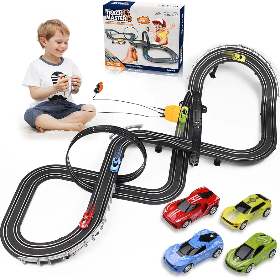 Slot Car Race Track Set, Battery or Electric Race Car Toys for 3 4 5 6+ Year Old Boys Gifts, 4pcs Slot Cars & 23 FT Dual Racing Game Lap Overpass Track, Gifts Toys for Boys Kids Age 6 7 8-12