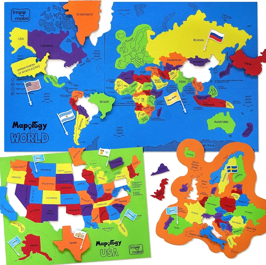 Imagimake Mapology USA & World Map Puzzle with Flags, Capitals, Stickers | Educational Toys for Ages 5-7 | Jigsaw Puzzles for Kids Ages 8-10 | Geography Toys for Ages 8-13 | 6 Year Old Boy/Girl Gifts