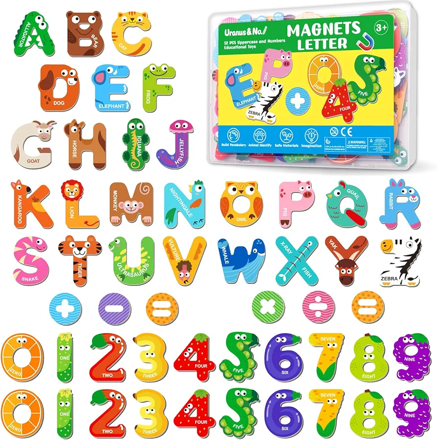 Magnetic Letters and Numbers, Alphabet Magnets for Toddlers, 52 PCS Refrigerator Toys - 26 Uppercase 20 Numbers 6 Symbols, Fridge Learning Games, Ideal Educational Gift for Kids 3 4 5 Years Old