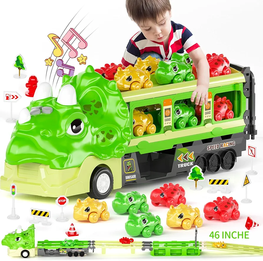 Dinosaur Truck Toys for 3 4 5 6 7 Year Old Boy Toddler, Foldable Track & 2 Player Race Mode, Light & Sound Transport Carrier with 6 Dino Car & 12 Road Sign, Birthday Gift Idea for Kids Girls