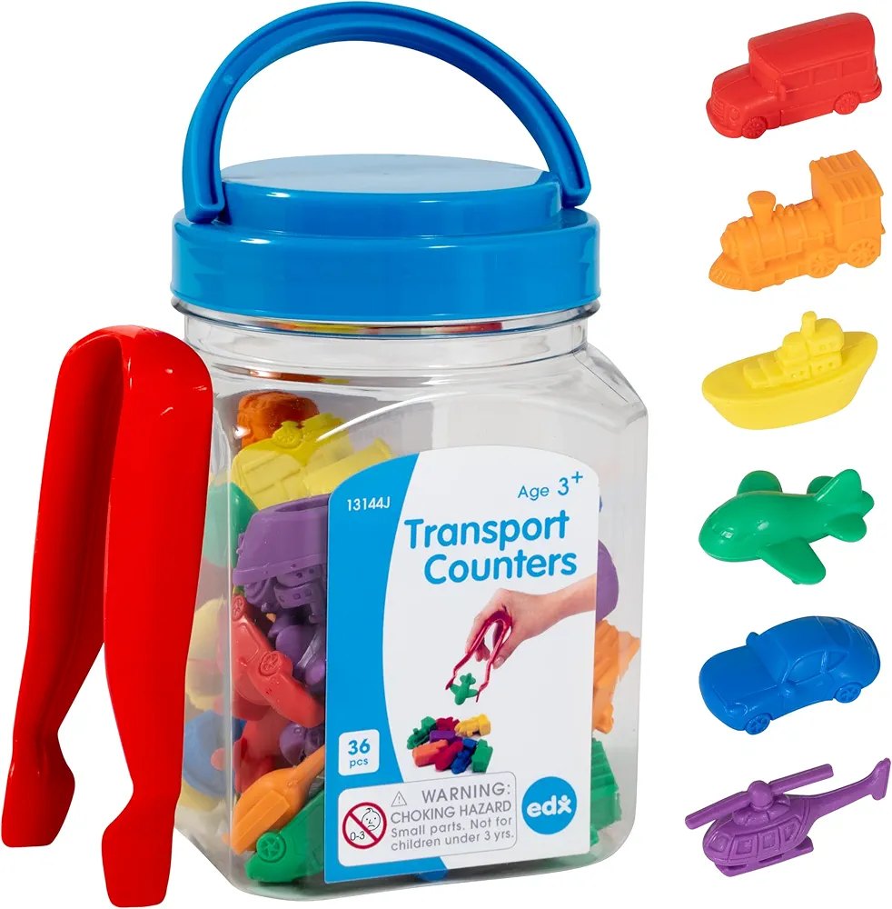 edxeducation Transport Counters - Mini Jar - Set of 36 - Learn Counting, Colors, Sorting and Sequencing - Hands-on Math Manipulative for Kids