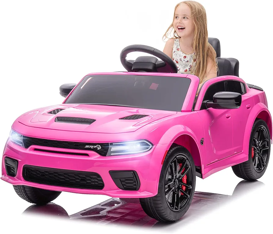 Electric Car for Kids,Licensed Dodge Charger SRT Hellcat Ride on Car,3.1mph Max Speed,12V 7A Kids Electric Vehicle with Remote Control for Kids,Music,LED Light,Bluetooth (Pink)