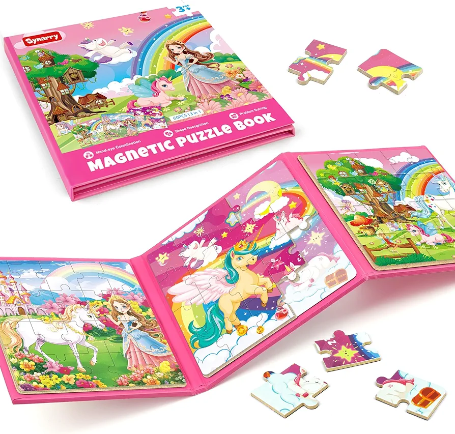 SYNARRY Unicorn Princess Fairy Magnetic Puzzles for Toddlers 3-5 Girls, 20 Pieces Travel Puzzles for Kids Ages 4-6, Car Airplane Road Trip Activities Games Toys for 3 4 5 Year Old Girls Birthday Gifts