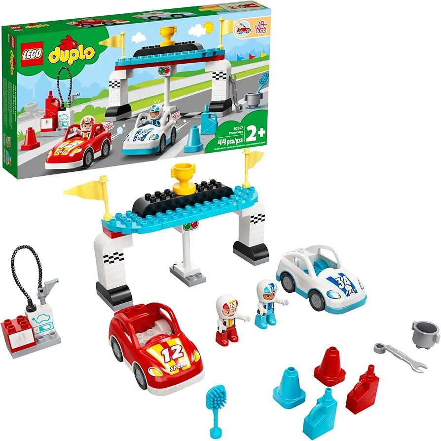 LEGO DUPLO Town Race Cars 10947 Cool Car-Race Building Toy; Imaginative, Developmental Playset for Toddlers and Kids; New 2021 (44 Pieces)