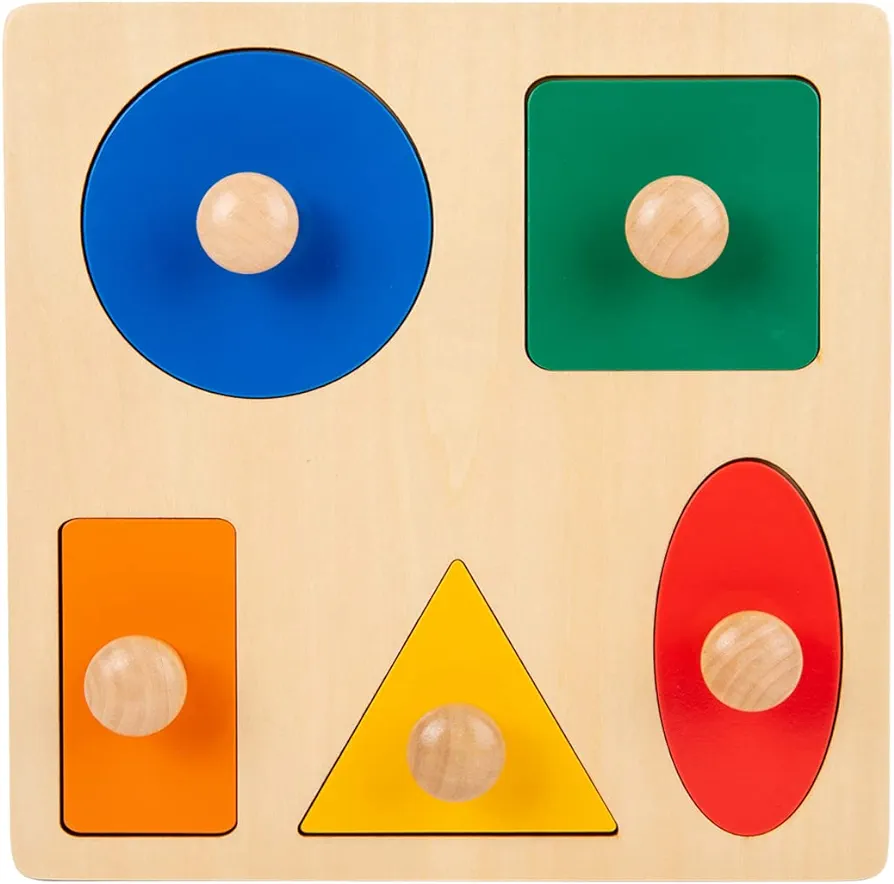 Montessori Toys for Babies 6-12 Months Wooden Shape Puzzles for Toddlers 1-3,Jumbo Knob Baby Puzzles for Easy Grasp,Color & Shape Sorter - Montessori Puzzle Preschool Learning Toys(5 Geometric Shape)