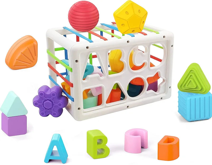 Baby Shape Sorting Cube with ABCD and Shape Blocks, Sensory Bin with Colorful Elastic Rope for Toddlers, Babies and Kids Early Educational Montessori Learning Developmental STEM Toys