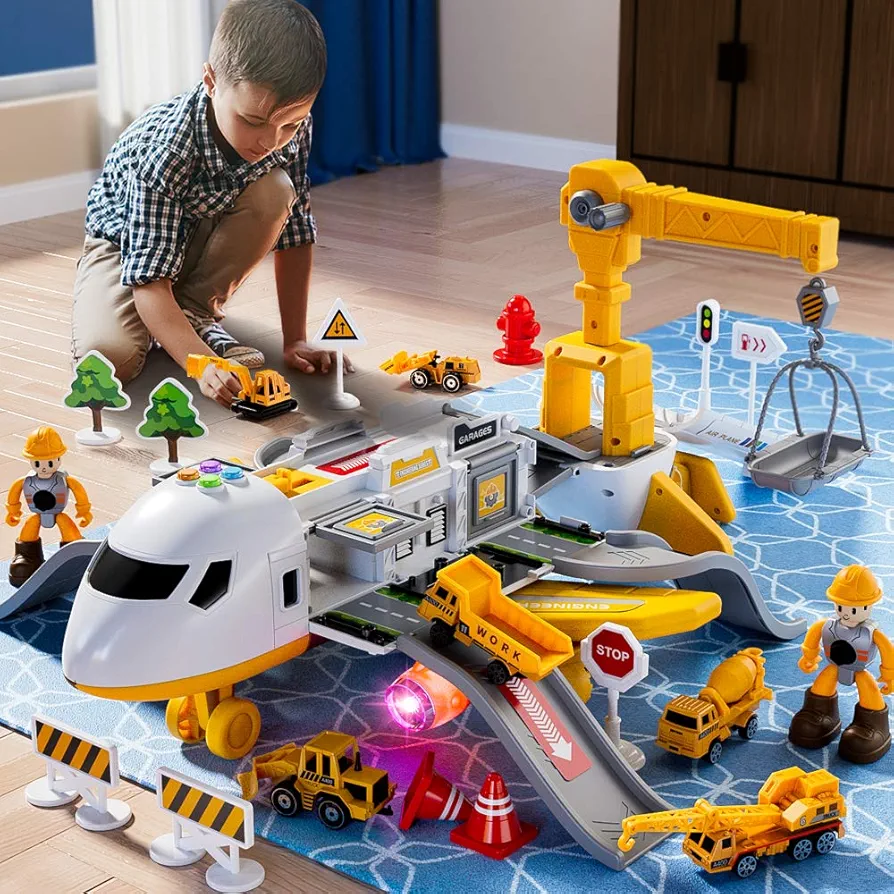 LOVE LIFE 25 Pack Transport Construction Airplane Toy Play Vehicles Set for Kids Gifts, with 6 Construction Die-cast Toy Truck, 11 Road Signs-Suitable for 3 4 5 6 Year Old Boys and Girls