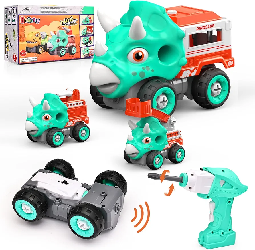 Take Apart Dinosaur Remote Control Cars with Electric Drill for Kids 3-8 Years, 3-in-1Take Apart Construction Truck with Voice,Gifts for Boys Girls Birthday(Green -Triceratops)