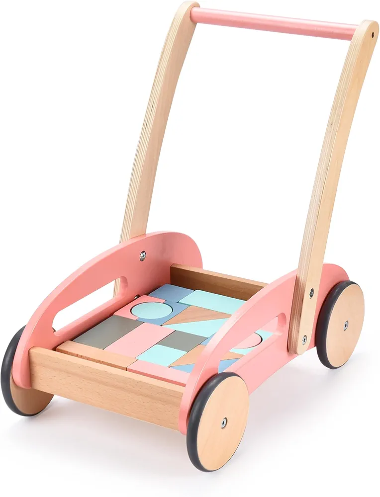 Childlike Behavior Premium Wooden Baby Walker - Baby Push Walker with Wheels - Walker for Baby Boy & Girls - Push Toy with Building Blocks for Babies, Toddler Kids - Car Cart Learning Step Walking