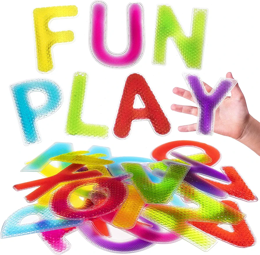 Playlearn 26pc Large Size Sensory Alphabet Letters - Multiple Textures - Gel Filled Tactile Letters - ABC Learning Toy - Light Table Toy