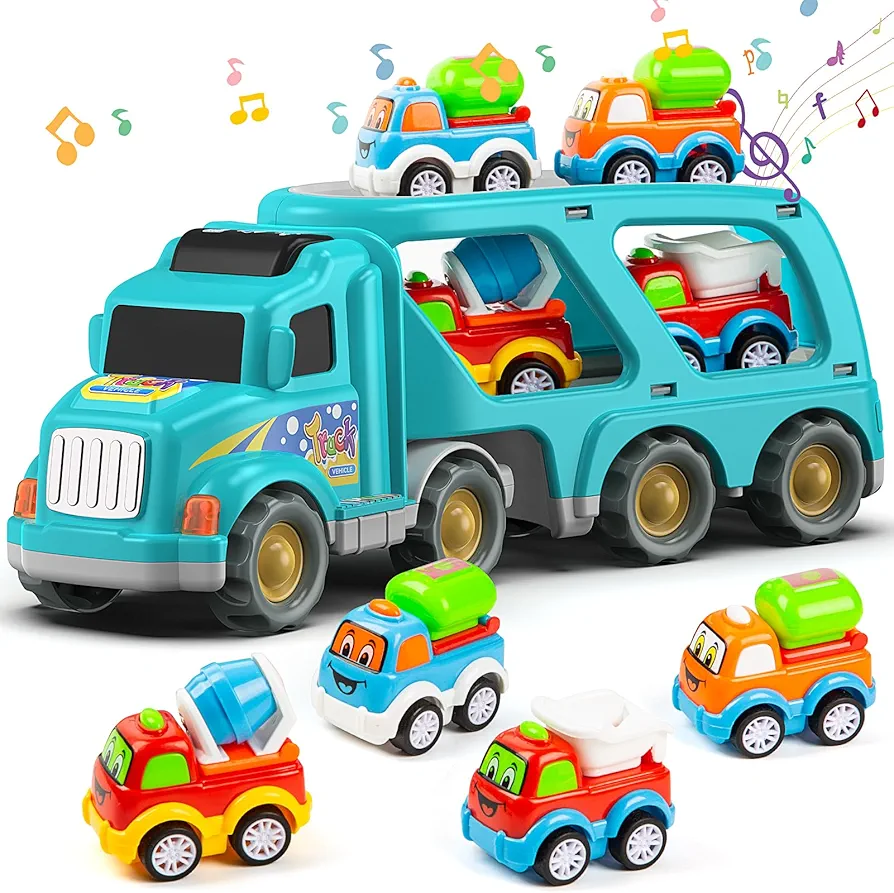 Veslier Toy Trucks Car for 1 2 3 4 5 Year Old Toddlers Boys Girls,Trucks Toys 5 in 1 Construction Vehicles Toys for Kids Boys Girls,Car Trucks Toys with Light Sound,Christmas Birthday Gifts.