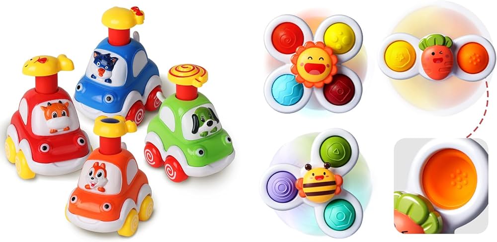 ALASOU 4 PCS Animal Car Toys and 3 PCS Suction Cup Spinner Toys for infant and toddlers