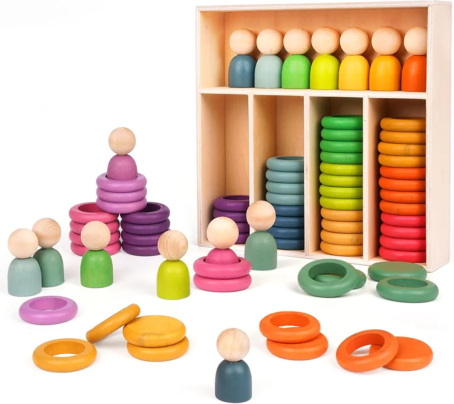 Montessori Toys Wooden Color Sorting Stacking Rings Toy Rainbow Wooden Peg Dolls Counting Toys circular building blocks Stacking Game Preschool Learning Education Fine Motor Skill Toys for Toddlers