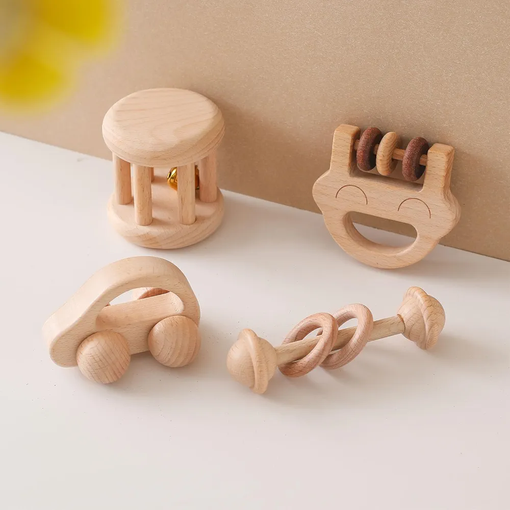 Wooden Baby Rattle Set, Newborn Wooden Rattle Toy, Natural Wooden Montessori Baby Grip Toy, Baby Gift Toy, Wood Rattle Set-6