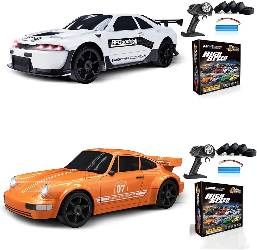 2PCS RC Drift Car 1:24 Remote Control Car 4WD 15KM/H High Speed Racing Sport Car with LED Lights RC Cars Toy Cars for Kids Boys Girls Adults Gifts Birthday Christmas Rechargeable Batteries