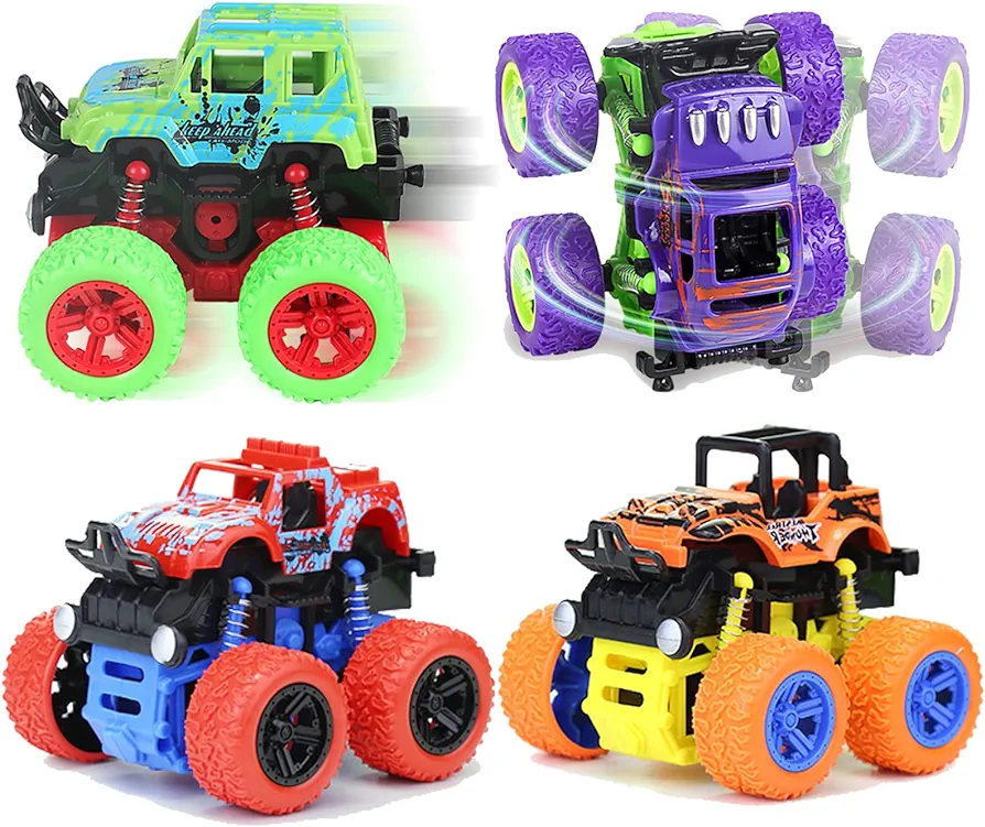 Monster Truck for Boys 3+ Year Old,4-Pack Friction Powered Toy Cars,Double-Directions Inertia Pull Back Vehicle Set for Kids Best Christmas Birthday Party Gift for Boys Girls (Type1)