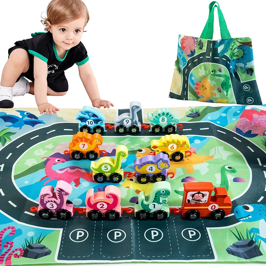 HELLOWOOD Dinosaur Toys for Toddlers Age 2-4, Wooden Dinosaur Train Set with Playmat/Storage Bag, Montessori Educational Toys for 2+ Years Old Boys & Girls