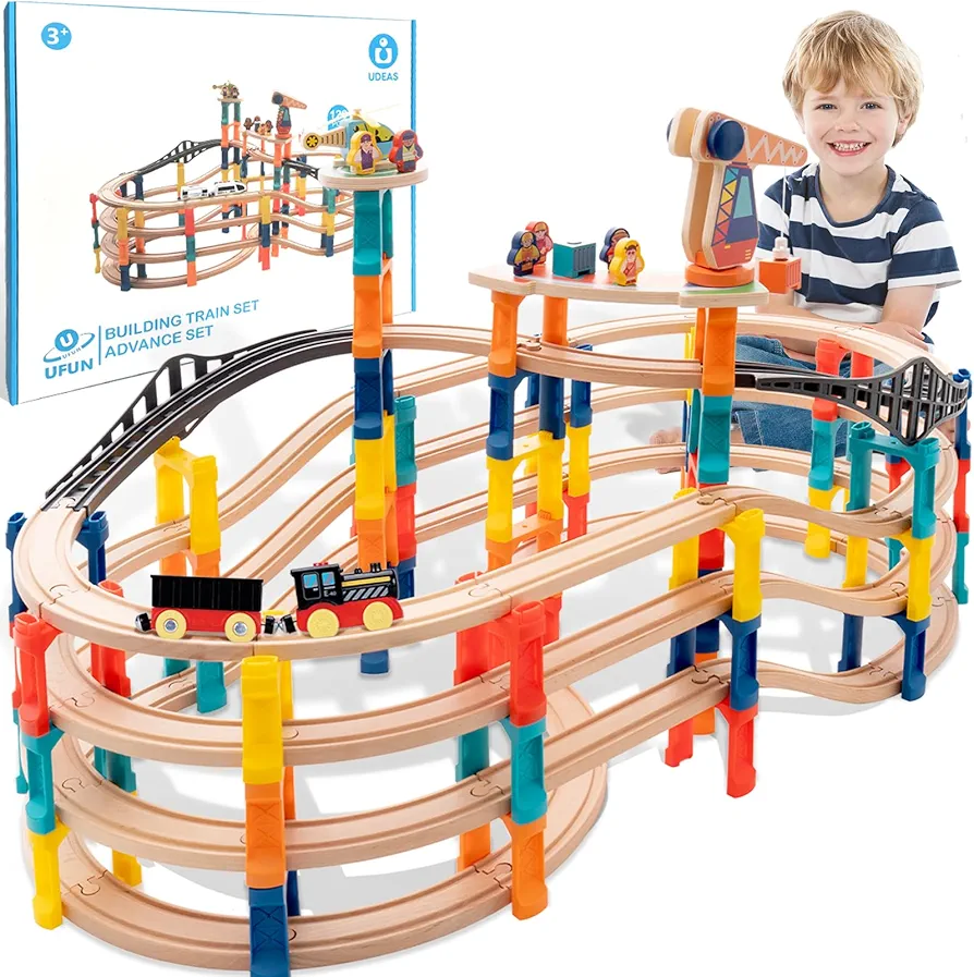 120Pcs Wooden Train Tracks Set, 398-inch Track Expansion, Toddler Railway Bridge Toy Train Set with Airplane and Magnetic Crane, Birthday Gifts for Boys and Girls, Compatible with All Major Brands