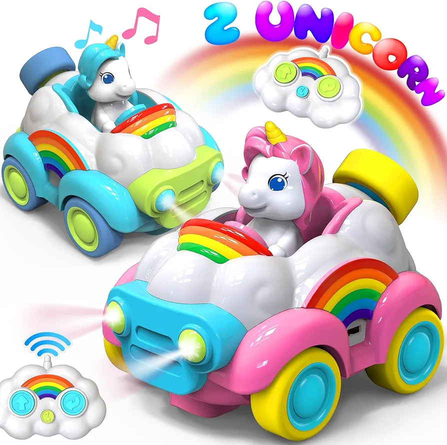 HopeRock Unicorn Toys Remote Control Cars,Toys for ages 2-4,Toys for 3 year old Girl 2 Pack with LED Lights,Music,and Sound,Birthday Gift for 2 3 4 5 6 year old girls(Blue and Pink)