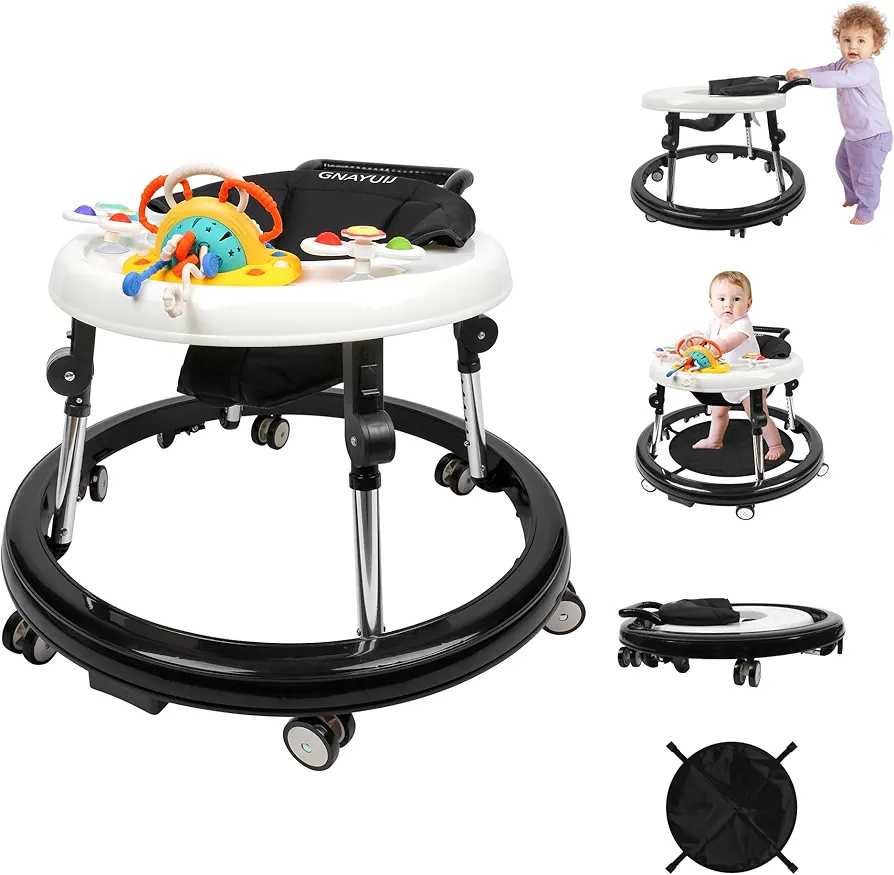 Baby Walker Foldable with Wheels Anti-Rollover，Baby Walkers and Activity Center for 6-18 Months Boys and Girls with Suction Cup Toy ，9-Position Height Adjustable