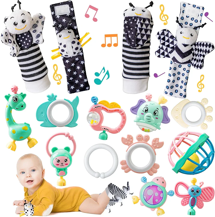 15Pcs Baby Wrist Rattles & Foot Finders Sock,Newborn Hand and Foot Rattles/Teething Toy for Babies,Educational Development Infant Toys,Infant Rattle Socks for 0-12 Months Child Gift…