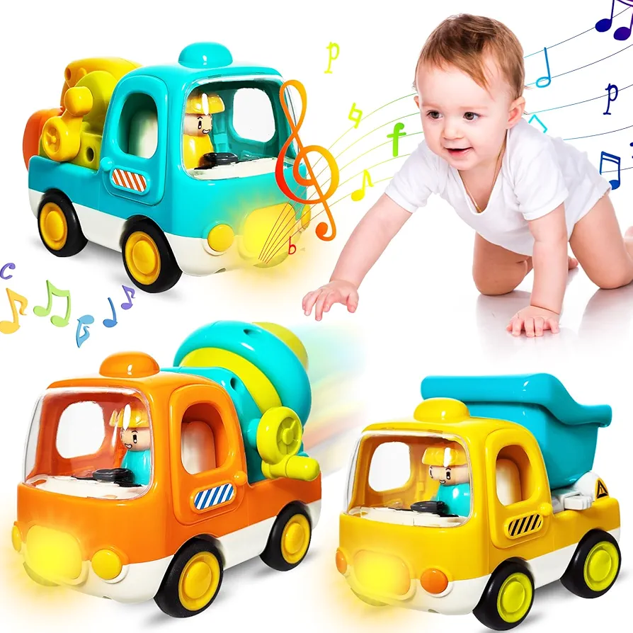 Toddler Trucks Baby Car Toys: Light up Musical Truck for 0-6 6-12 Months Inertia Push Go Cars Ages 1 2 3 Construction Vehicles Excavator Cement Mixer Transportation (3 Pack)