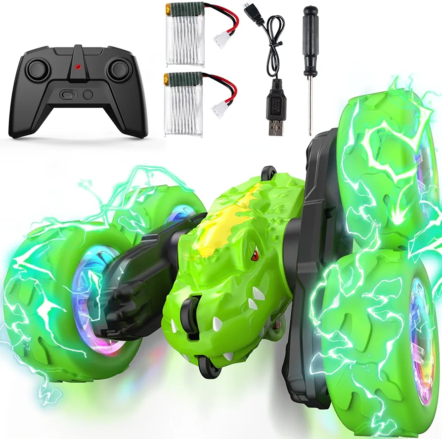 NUOKE Remote Control Car for Boys, Rechargeable RC Car, Dinosaur Toys for Kids Ages 3-10, 360° Flip Double Sided RC Stunt Cars, 2 Batteries & Cool Light Birthday Xmas Gifts