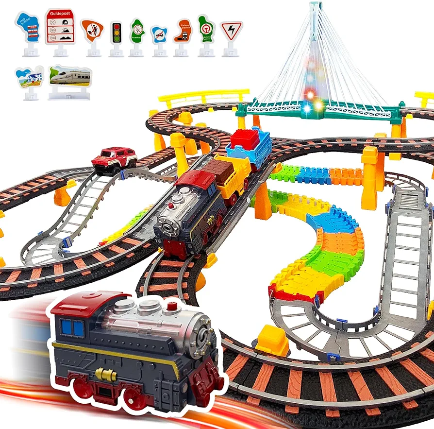 192 PCS Time Train Track Sets, Construction Toys Race Tracks with a Train with a Simulated Whistle and a Car for Boys Kids Toys, Birthday Toys for 3+ Year Old Kids Boys Girls