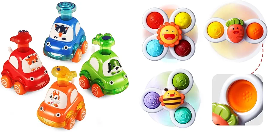 ALASOU 4 PCS Animal Car Toys and 3 PCS Suction Cup Spinner Toys for infant and toddlers