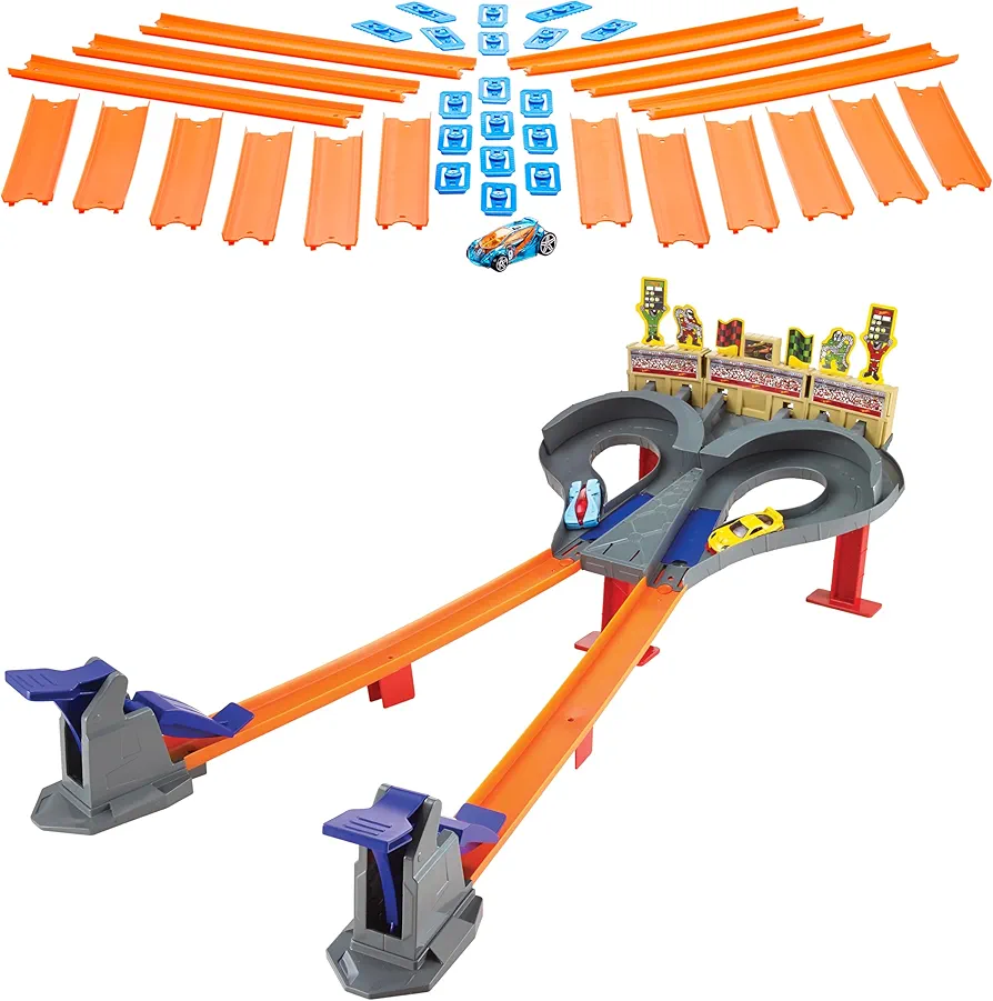 Hot Wheels Track & Toy Cars, Dual-Track Racing for 1 or 2 Players with Additional Track Pieces Plus 2 1:64 Scale Vehicles, Super Speed Blastway Set & Track Builder Straight Track Bundle