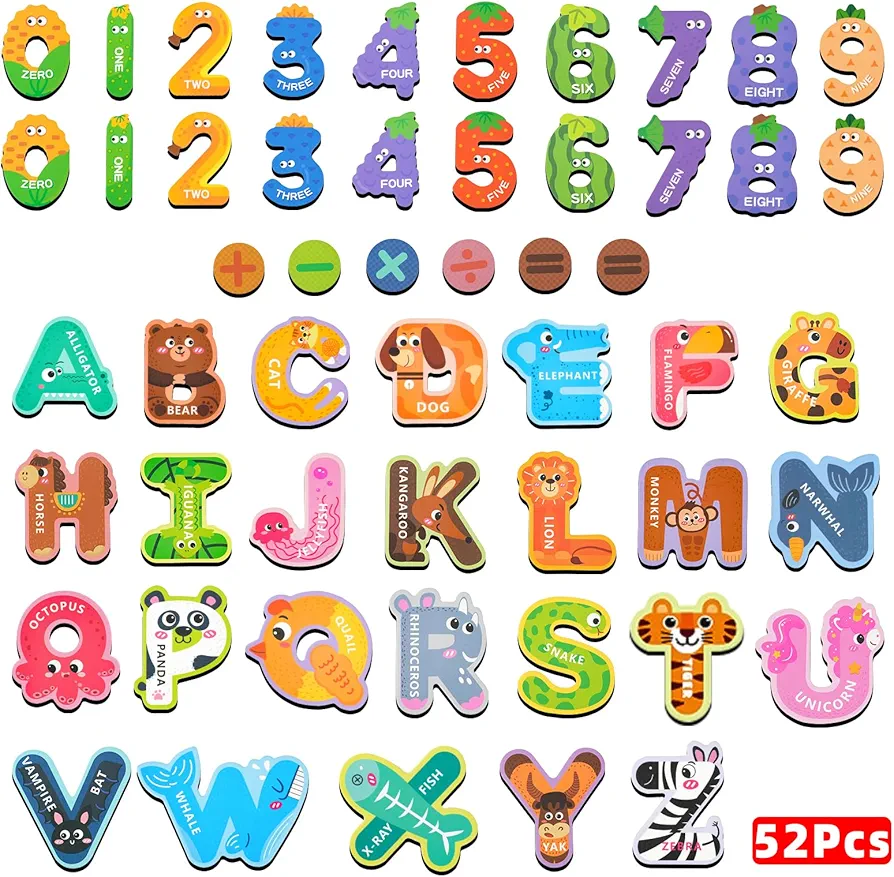 52 Pack Magnetic Letters Numbers Fridge Magnets for Toddlers 1-3,Learning Toys, Animal ABC Cardboard Magnets for Refrigerator Colourful Alphabet Toys Baby Educational Toys